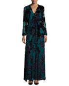 Tie-neck Long-sleeve Velvet Gown, Teal