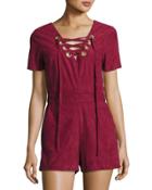 Faux-suede Lace-up Romper, Wine
