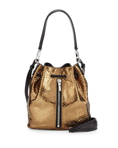Cynnie Mini Embossed-leather Bucket Bag, Bronze