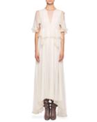 High-neck Flutter-sleeve Evening Gown W/ Scalloped Edges