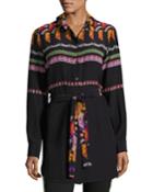 Suzani-print Belted Silk Tunic Blouse, Black