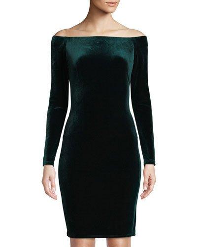 Off-the-shoulder Long-sleeve Velvet Dress