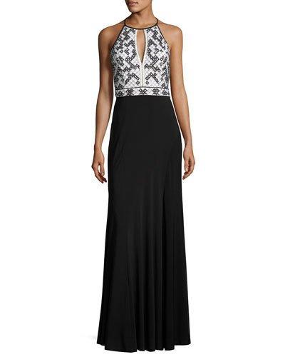 Geometric-beaded Jersey Column Gown, Black/white