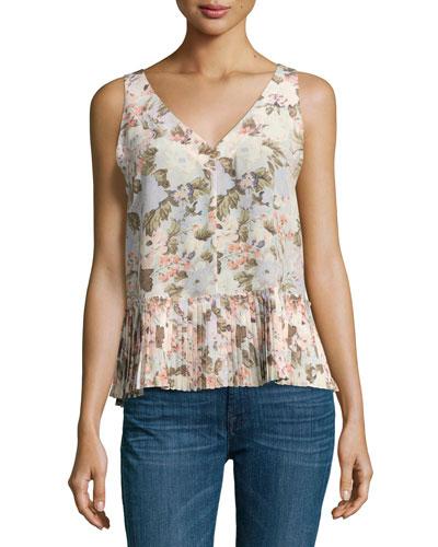 Penelope Sleeveless Floral Silk Top With Pleated Hem,