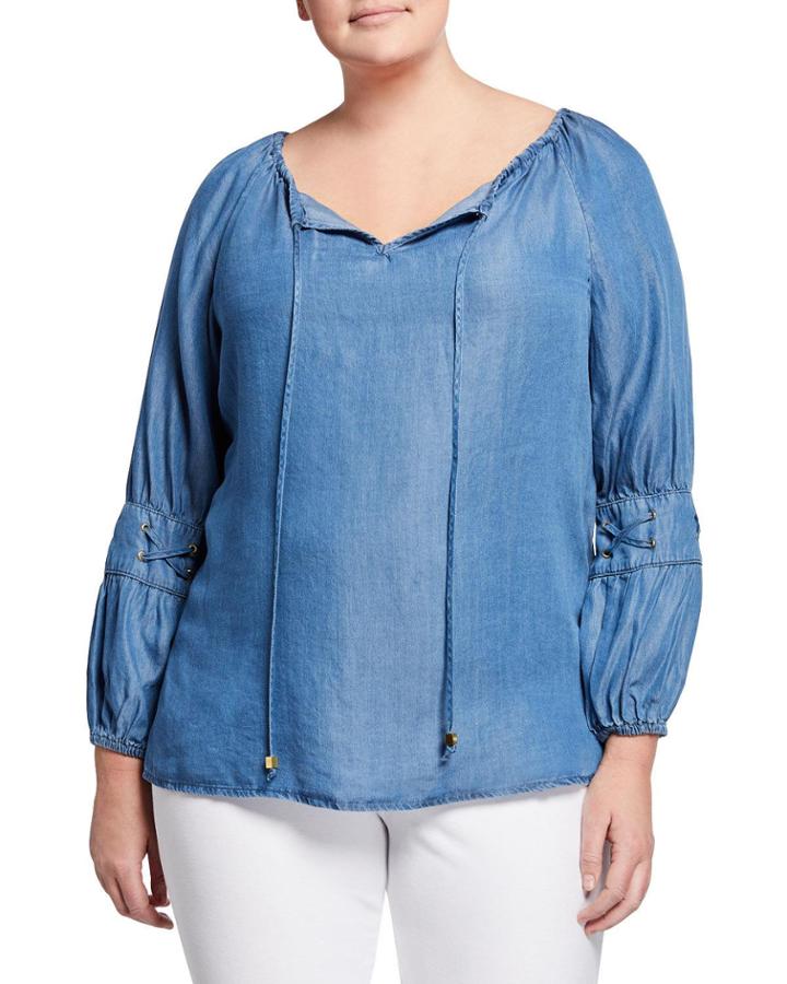 Plus Size Tie-neck Lace-up Denim Top