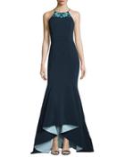 Embroidered Jewel-neck High-low Gown, Navy/multi