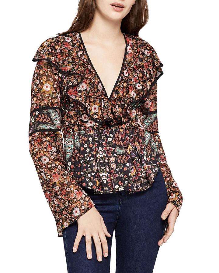 Floral V-neck Bell-sleeve Peplum Blouse
