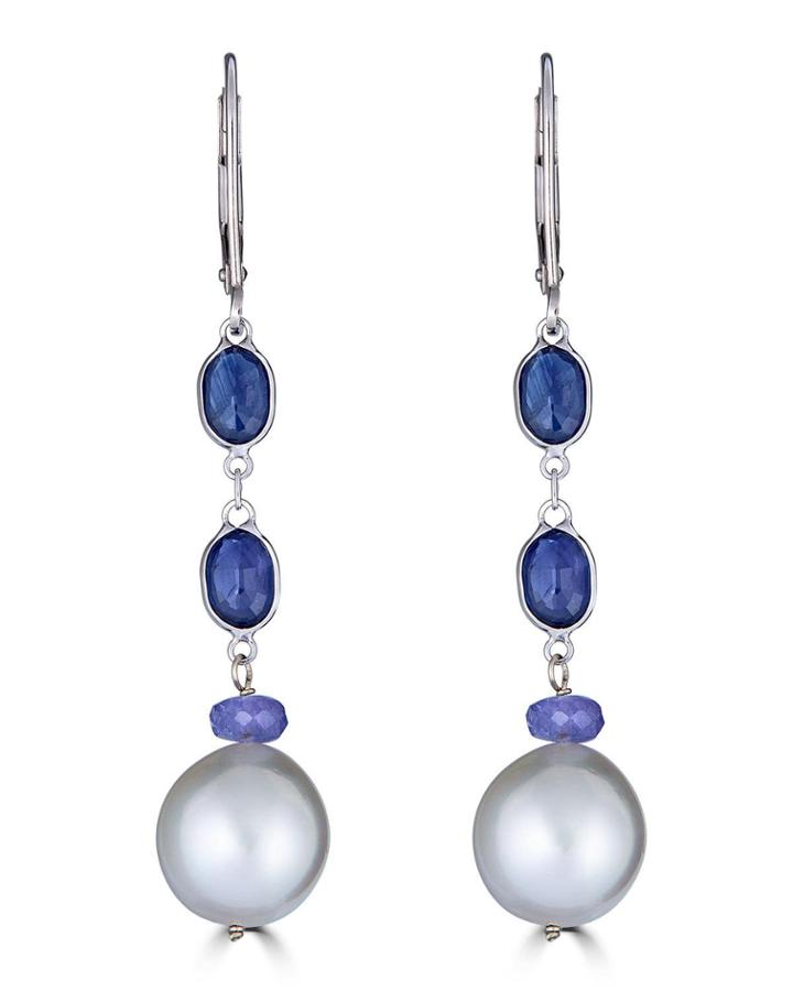 14k White Gold Blue Sapphire, Tanzanite & Pearl Earrings