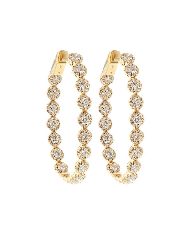 14k Yellow Gold Diamond Halo Hoop Earrings,