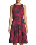 Pleated Floral Basketweave A-line Dress