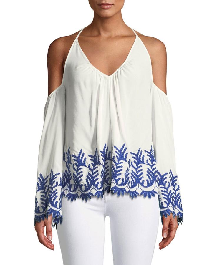 Damaris Cold-shoulder Embroidered Halter Top