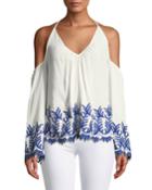 Damaris Cold-shoulder Embroidered Halter Top
