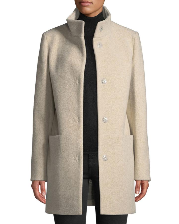 Snap-button Wool-blend Walking Coat, Beige