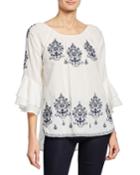 Embroidered Ruffle-sleeve Top