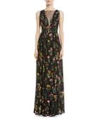 Sleeveless Floral-print Long Evening Gown