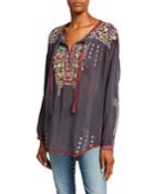 Dragonfly Embroidered Long-sleeve Georgette Blouse With Ties
