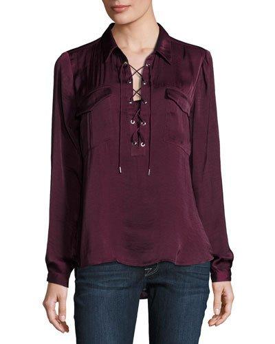 Long-sleeve Lace-up Top, Wine