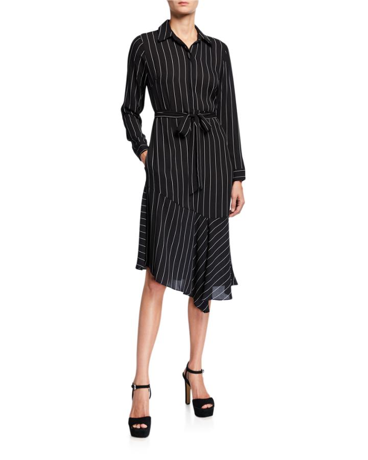 Striped Long-sleeve Asymmetric Dress