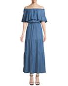Off-the-shoulder Tiered Chambray
