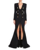 Deep-v Double-breasted Front-slit Tweed Evening Gown