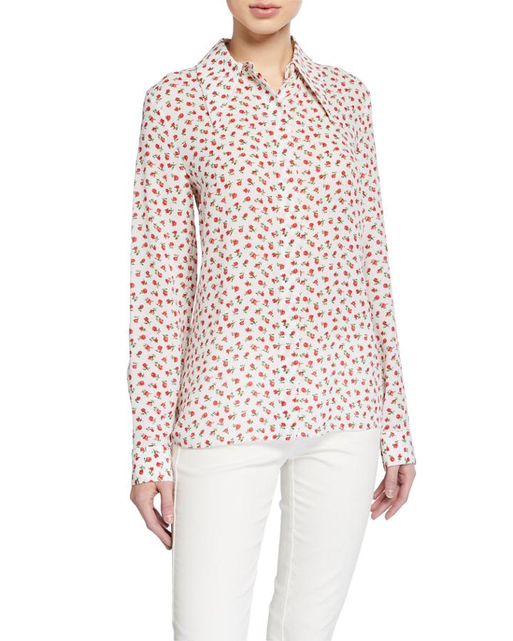 Rose-print Button-front Classic Silk Georgette