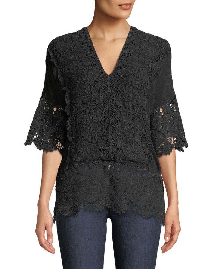 Dorethe Crochet-trim V-neck Peasant Blouse