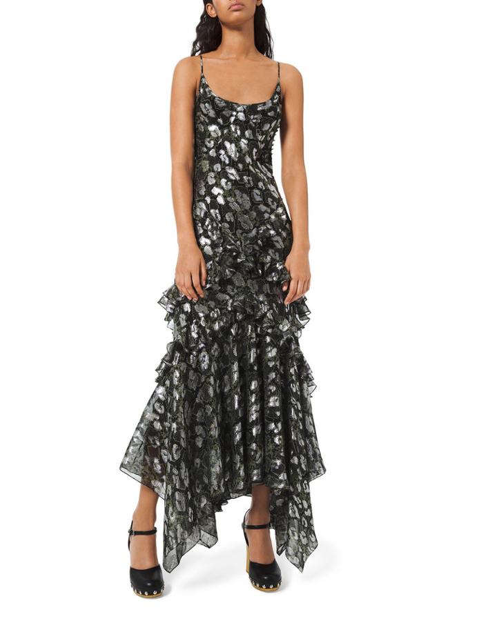 Python-print Metallic Chiffon Dress