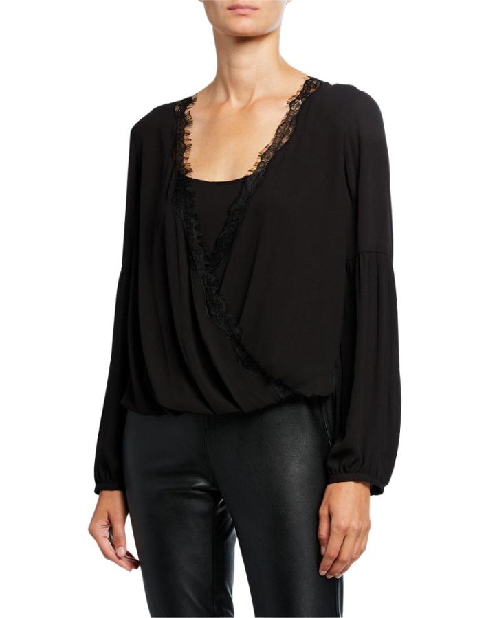 Drape-front Long-sleeve High-low Top With
