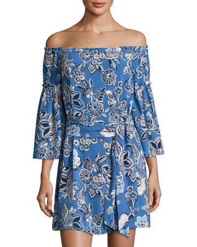 Floral-print Off-the-shoulder Belted Dress