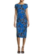 Round-neck Cap-sleeve Tropical Floral-print Fitted Dress