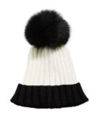 Colorblock Ribbed Beanie Hat With Fox Fur Pompom, Black/white