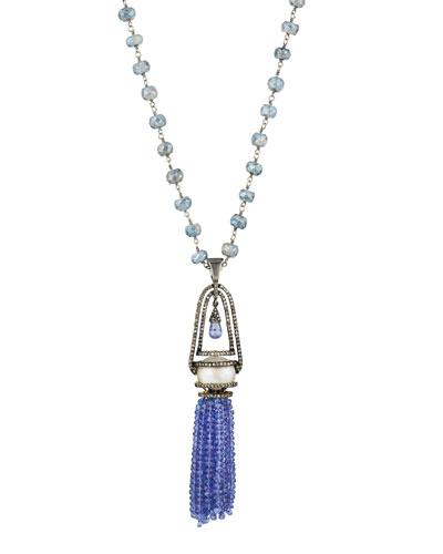 Long Beaded Tassel Necklace W/ Diamonds & Pearl