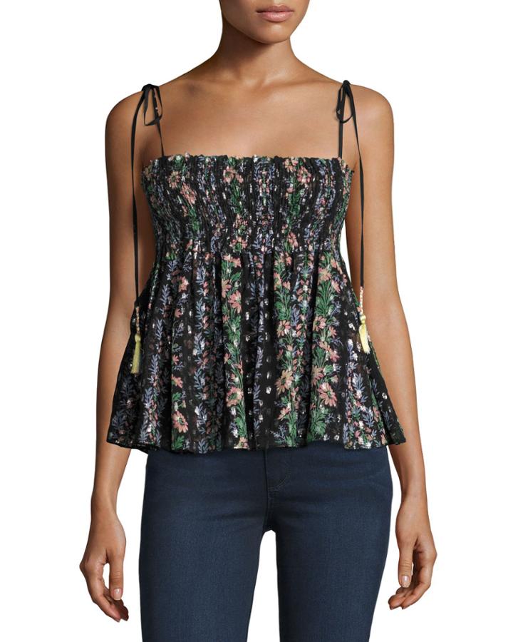 Floral Stripe Tie Top, Black