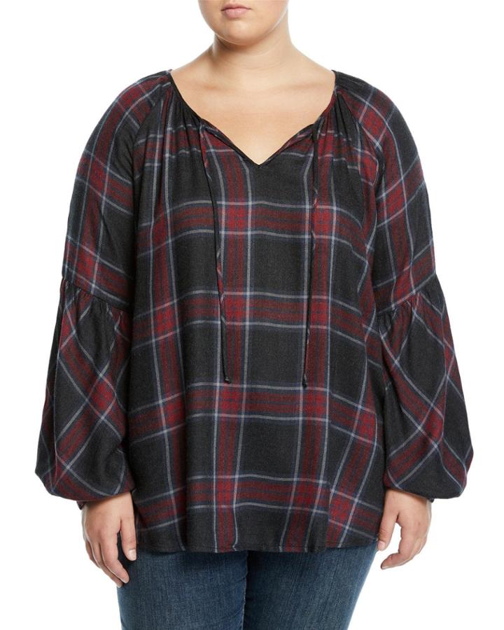 Tie-neck Plaid Balloon-sleeve Blouse,
