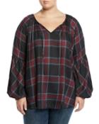 Tie-neck Plaid Balloon-sleeve Blouse,
