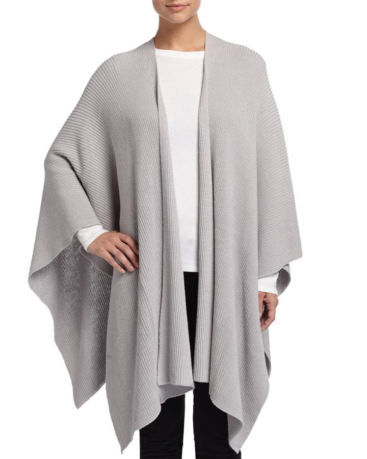 Neiman Marcus Ribbed Knit Blanket Cape, Light Gray, Women's,