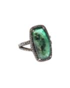 Rectangular Silver Ring With Emeralds & Diamonds,