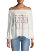 Off-the-shoulder Embroidered Bell-sleeve Peasant Blouse