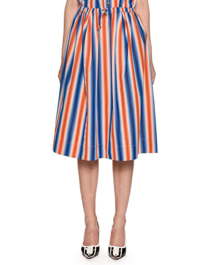 Drawstring-waist A-line Striped Cotton Poplin