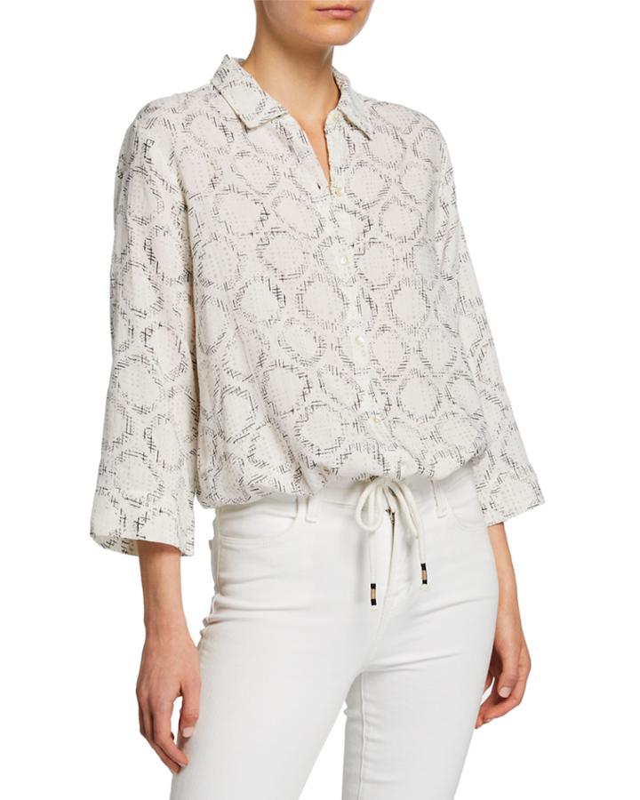 3/4 Sleeve Button Down Geometric Print Top