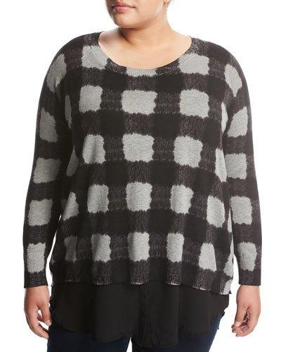 Georgette-trim Plaid Sweater, Gray Pattern,