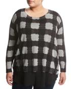 Georgette-trim Plaid Sweater, Gray Pattern,