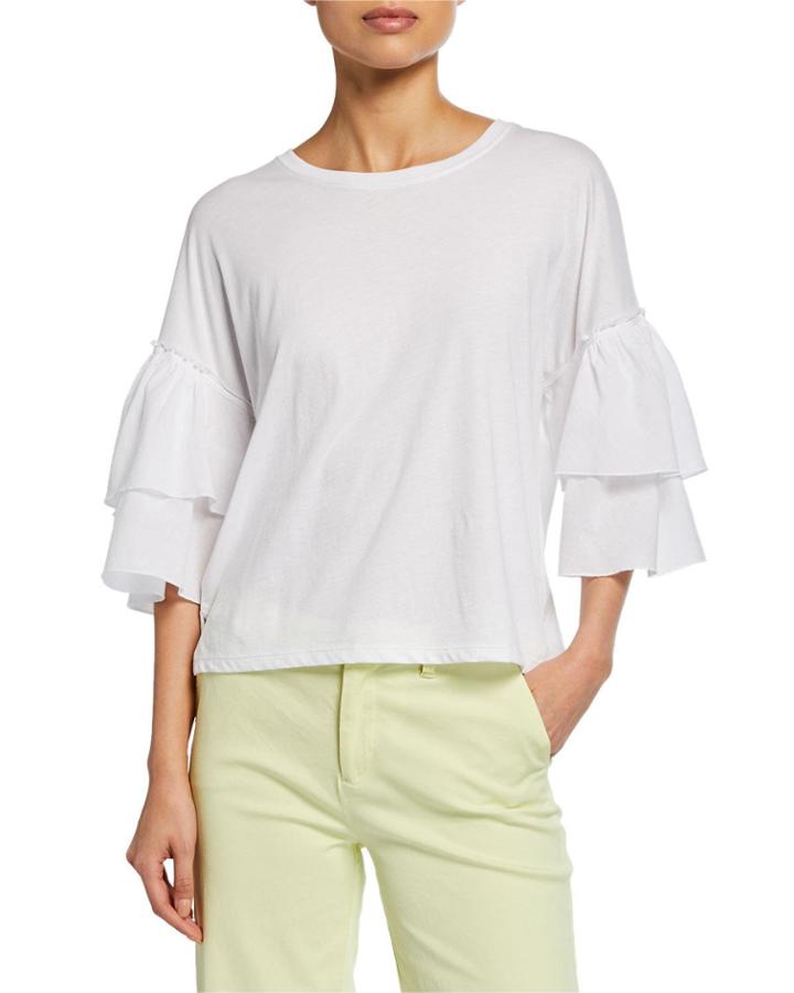 Mix Media Crewneck Tiered Ruffle-sleeve Cotton Top