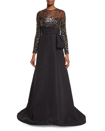 Embellished Long-sleeve Gown, Black