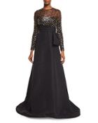 Embellished Long-sleeve Gown, Black