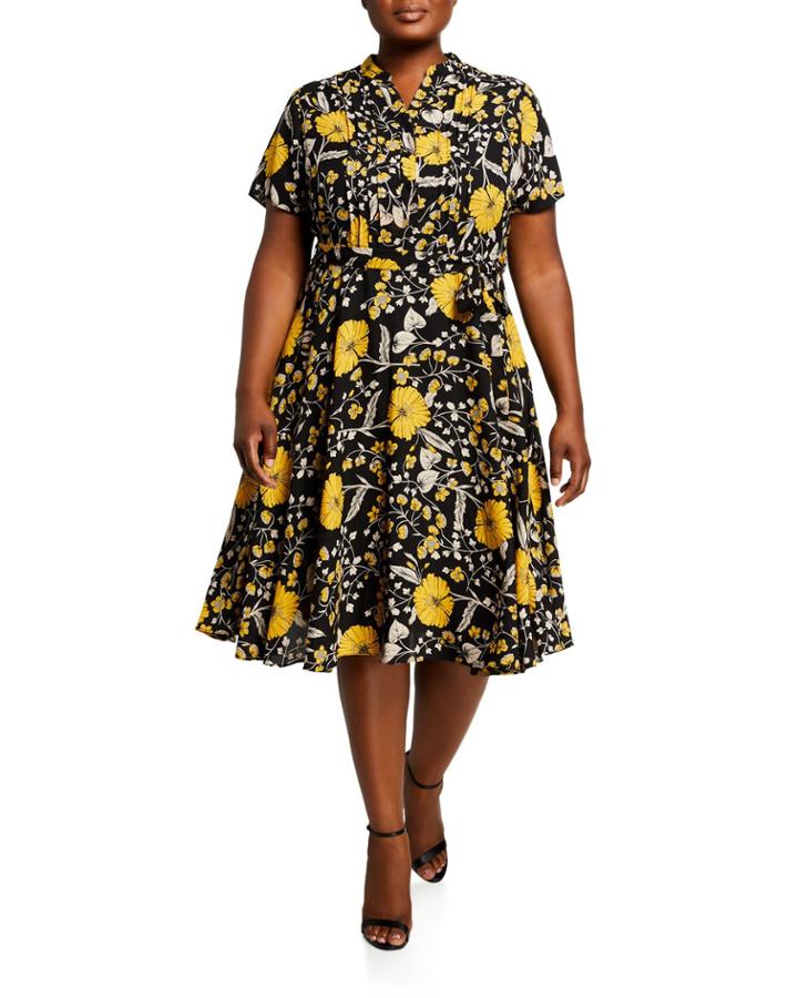 Plus Size Short-sleeve Collared Pintuck Dress