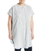 Striped Button-front Short-sleeve Tunic,