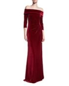 Off-the-shoulder 3/4-sleeve Column Evening Gown
