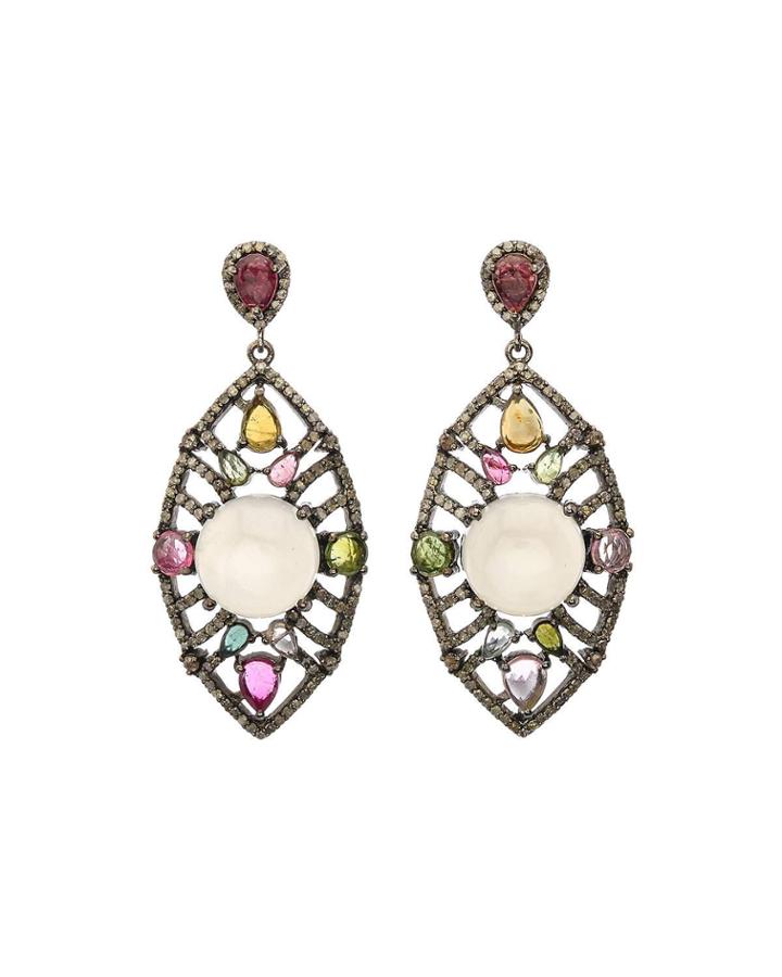 Moonstone, Tourmaline & Diamond Drop Earrings