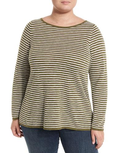 Linen-blend Stripe-print Slub Top, Olive,